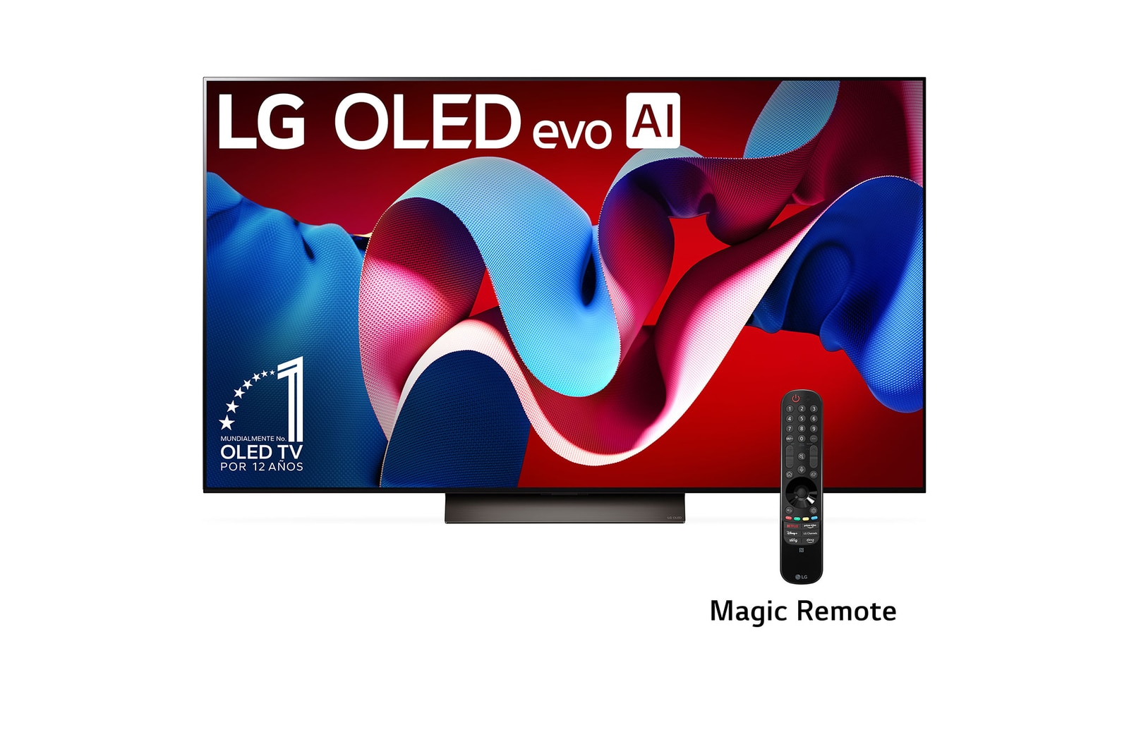 Vista frontal con LG OLED evo TV, OLED C4, 12 años del logo del emblema OLED número 1 del mundo y el logo de webOS Re:New Program en pantalla