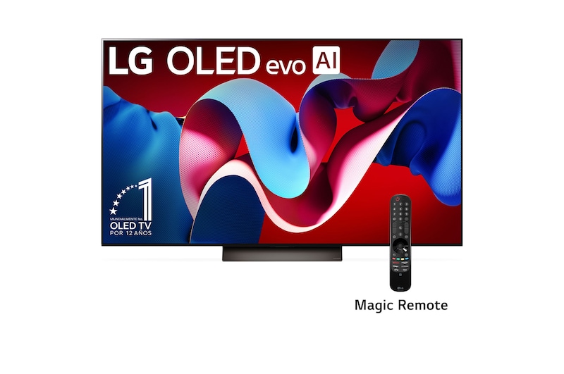 Vista frontal con LG OLED evo TV, OLED C4, 12 años del logo del emblema OLED número 1 del mundo y el logo de webOS Re:New Program en pantalla