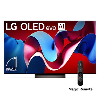 Vista frontal con LG OLED evo TV, OLED C4, 12 años del logo del emblema OLED número 1 del mundo y el logo de webOS Re:New Program en pantalla