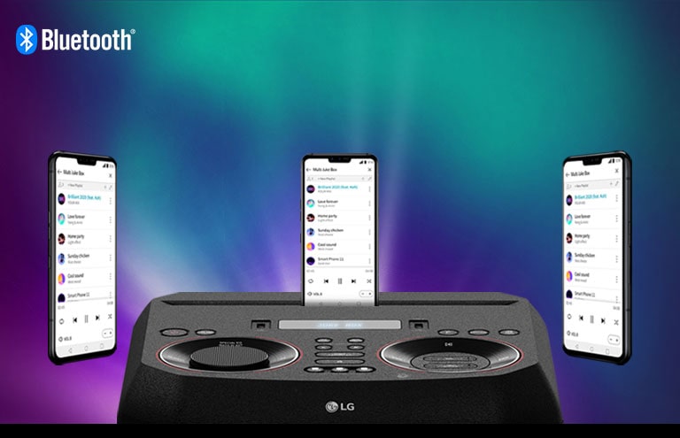 Un teléfono inteligente está en un LG XBOOM con otros dos teléfonos inteligentes flotando a su alrededor. Un logotipo de Bluetooth está en la esquina superior izquierda.