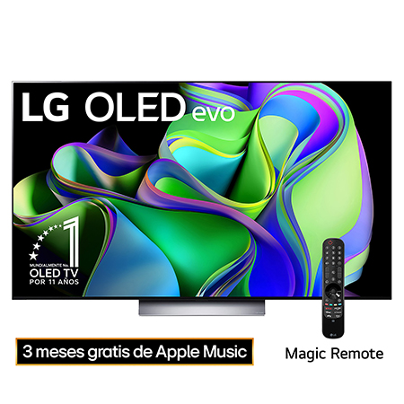 Vista frontal con LG OLED evo con el emblema «El mejor OLED del mundo por 10 años» y la barra de sonido abajo. 