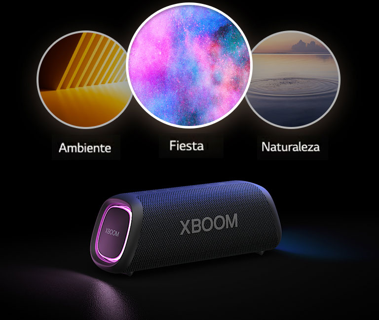 LG XBOOM Go XG5 con iluminación violeta se coloca en el suelo. En la parte superior del altavoz, muestra tres modos de Light Studio; ambiente, naturaleza y fiesta.