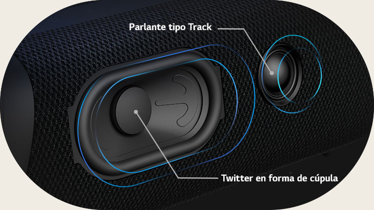 Vista Diagonal de LG XBOOM Go XG7, mostrando el parlante de tipo Track y el Twitter en forma de cúpula