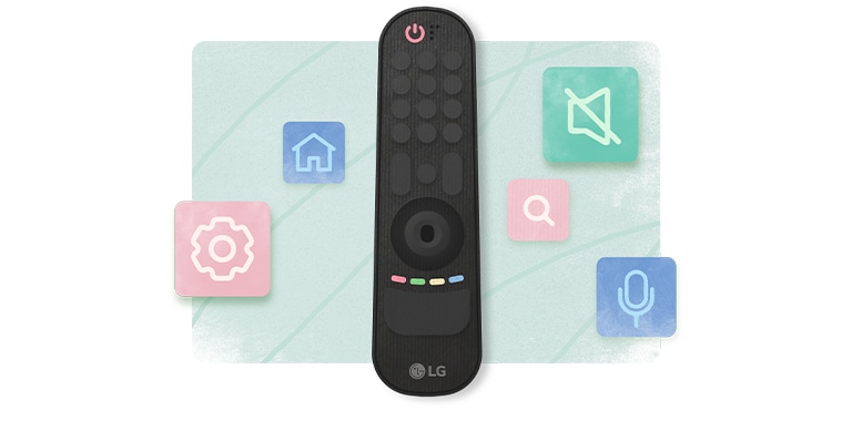 Una ilustración del control remoto con iconos coloridos que explican la función de cada botón.