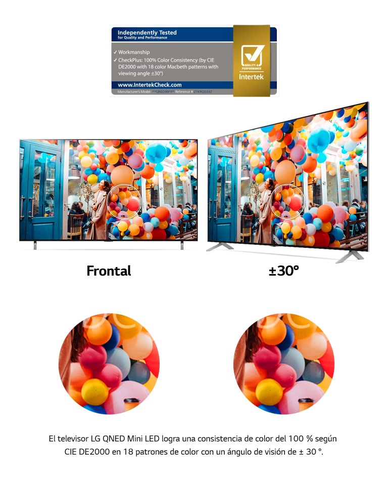 Dos televisores LG QNED Mini LED uno al lado del otro que muestran una imagen de globos multicolores frente a una cafetería desde un ángulo de visión frontal y descentrado. La imagen mantiene una consistencia vívida y precisa desde ambos ángulos.