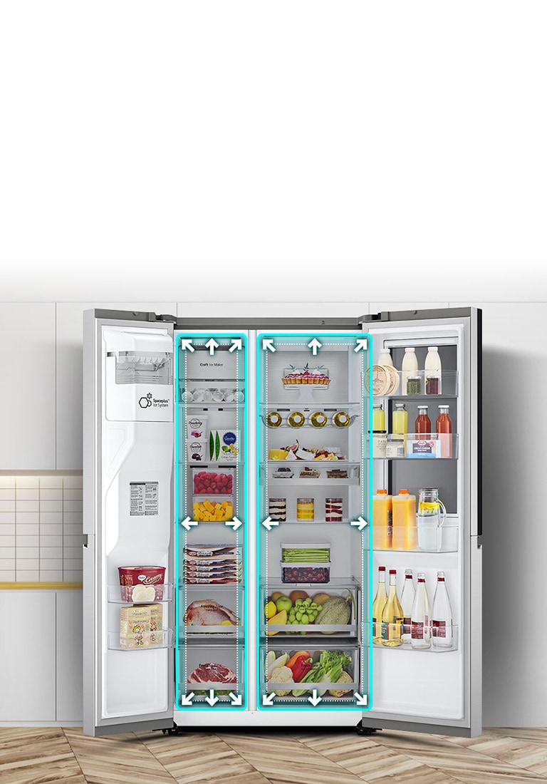 Un video comienza con la vista frontal del refrigerador con ambas puertas abiertas. Los espacios interiores están delineados con líneas de neón y las flechas comienzan a empujar las líneas para mostrar que ahora hay más espacio en el interior. El cuadrado de neón alrededor de los espacios interiores parpadea para mostrar la diferencia entre el nuevo espacio y el antiguo espacio más pequeño que ahora se destaca en una línea blanca punteada.