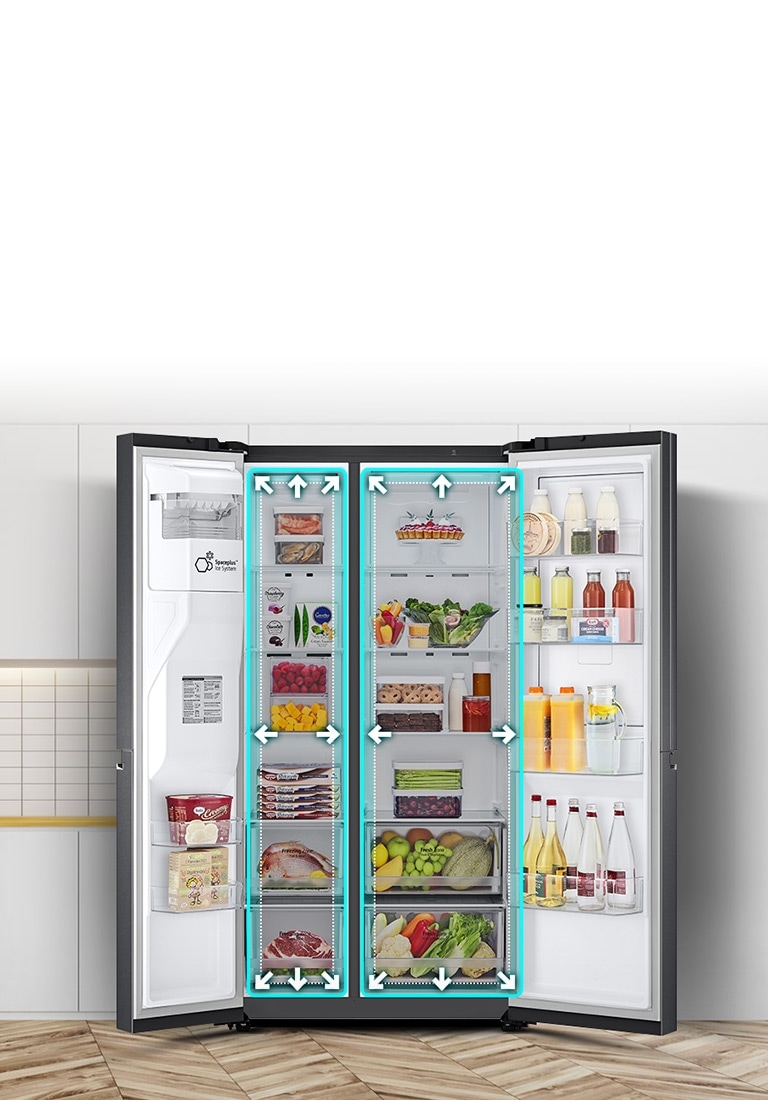 Un vídeo comienza con la vista frontal del refrigerador con las dos puertas abiertas de par en par. Los espacios interiores se perfilan con líneas de neón y las flechas comienzan a empujar las líneas hacia fuera para mostrar que ahora hay más espacio en el interior. El cuadrado de neón que rodea los espacios interiores parpadea para mostrar la diferencia entre el nuevo espacio y el antiguo, más pequeño, que ahora está delineado con una línea blanca punteada.