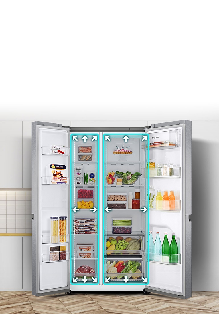 Un video comienza con la vista frontal del refrigerador con ambas puertas abiertas. Los espacios interiores están delineados con líneas de neón y las flechas comienzan a empujar las líneas para mostrar que ahora hay más espacio en el interior. El cuadrado de neón alrededor de los espacios interiores parpadea para mostrar la diferencia entre el nuevo espacio y el antiguo espacio más pequeño que ahora se destaca en una línea blanca punteada.