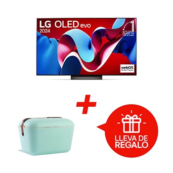 Vista frontal con LG OLED evo y el emblema OLED número 1 del mundo de 11 años en la pantalla, así como la barra de sonido debajo