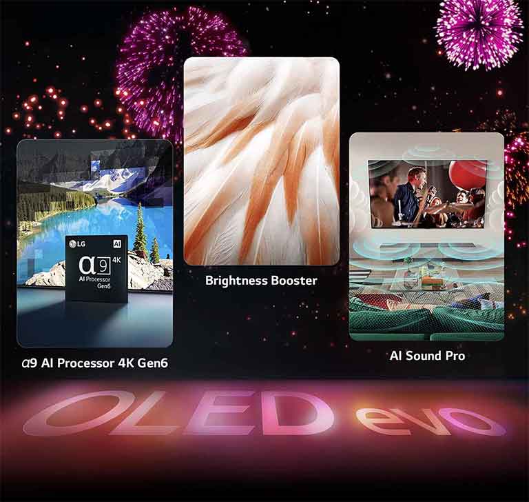 Una imagen que presenta las características clave del LG OLED evo C3 contra un fondo negro con una exhibición de fuegos artificiales de color rosa y púrpura. El reflejo rosa del espectáculo de fuegos artificiales muestra las palabras "OLED evo" en el piso. Dentro de la imagen, una imagen del procesador α9 AI 4K Gen6 muestra al chip frente a una imagen de un lago que se remasteriza con la tecnología de procesamiento. Una imagen que presenta Brightness Booster Max muestra las plumas brillantes de un pájaro. Una imagen que presenta la barra de sonido SC9 con el LG OLED evo C3 y SC9 perfectamente en la pared con un concierto de música sonando en el televisor. Una imagen que presenta “AI Sound Pro” muestra un programa de rock en el televisor con burbujas de música que representan ondas de sonido que llenan el espacio habitable.