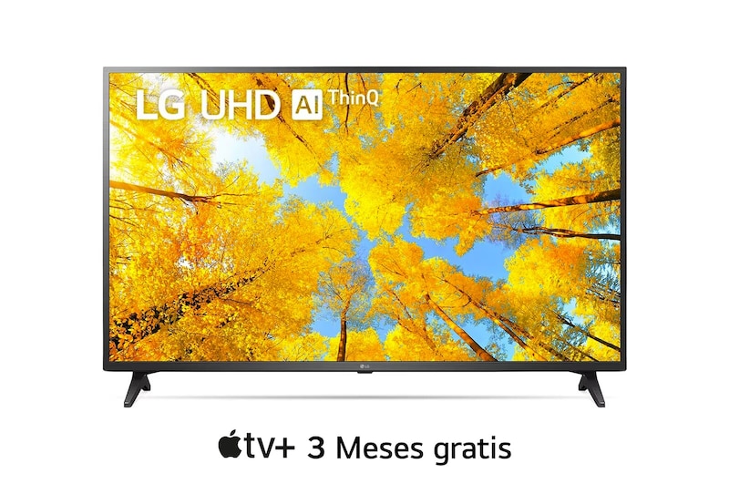 LG Pantalla LG UHD AI ThinQ 65'' UQ74 4K Smart TV, Una vista frontal del televisor LG UHD con la imagen de relleno y el logotipo del producto encima, 65UQ7400PSF