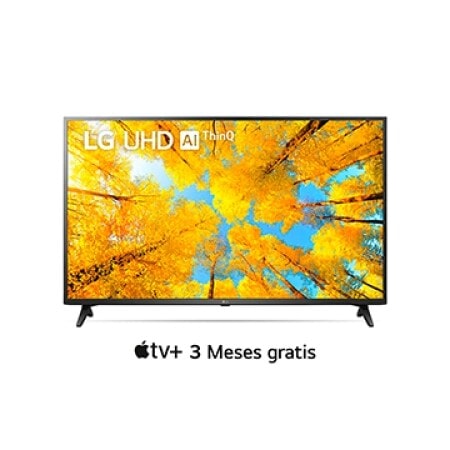 Una vista frontal del televisor LG UHD con la imagen de relleno y el logotipo del producto encima