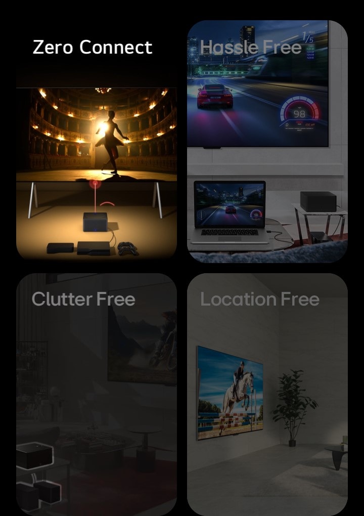 Se muestran cuatro imágenes. La primera muestra una Zero Connect Box ubicada frente a un LG OLED evo M4 en el que aparece un bailarín en un teatro en la pantalla y las palabras “Zero Connect” arriba a la izquierda. La segunda muestra un juego de autos de carrera en el LG OLED evo M4 colgado a la pared y en un laptop en una sala de estar, con una Zero Connect Box a un lado y las palabras “Sin complicaciones” arriba a la izquierda. La tercera muestra una Zero Connect Box con varios dispositivos debajo destacados en la imagen oscurecida de una sala de estar y las palabras “Sin desorden” arriba a la izquierda. La cuarta muestra un LG OLED evo M4 dentro de una perspectiva inclinada montado sobre una pared y las palabras “Sin ubicación fija” arriba a la izquierda.
