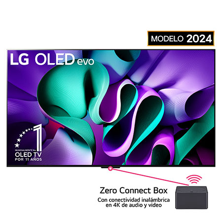 Vista frontal de un televisor LG OLED evo, OLED M4, el emblema de OLED de 11 año de número 1 del mundo, el logotipo de webOS Re:New Program, el logotipo de la garantía de 5 años del panel en la pantalla, una Zero Connect Box con transferencia inalámbrica de video y audio de 4K 144Hz conectada a un televisor, y una señal de Wi-Fi que sale de la caja