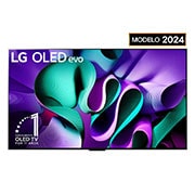 Vista frontal de un televisor LG OLED evo, OLED M4, el emblema de OLED de 11 año de número 1 del mundo, el logotipo de webOS Re:New Program, el logotipo de la garantía de 5 años del panel en la pantalla, una Zero Connect Box con transferencia inalámbrica de video y audio de 4K 144Hz conectada a un televisor, y una señal de Wi-Fi que sale de la caja