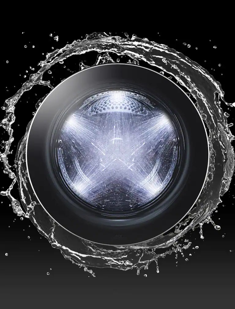 La vista frontal de la puerta de la lavadora se muestra iluminada, con cinco chorros de agua que fluyen en el interior y alrededor de la puerta hay un chorro de agua.