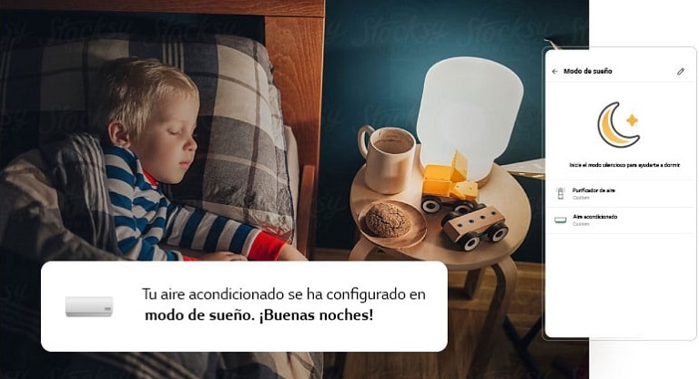 La imagen muestra un niño durmiendo en su cama. A su lado, hay una pantalla de la aplicación LG ThinQ que muestra la configuración del aire acondicionado en la habitación.