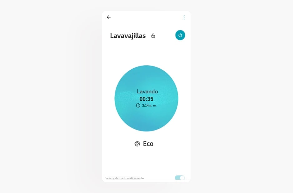 La imagen muestra la pantalla de un lavavajillas en la aplicación LG ThinQ