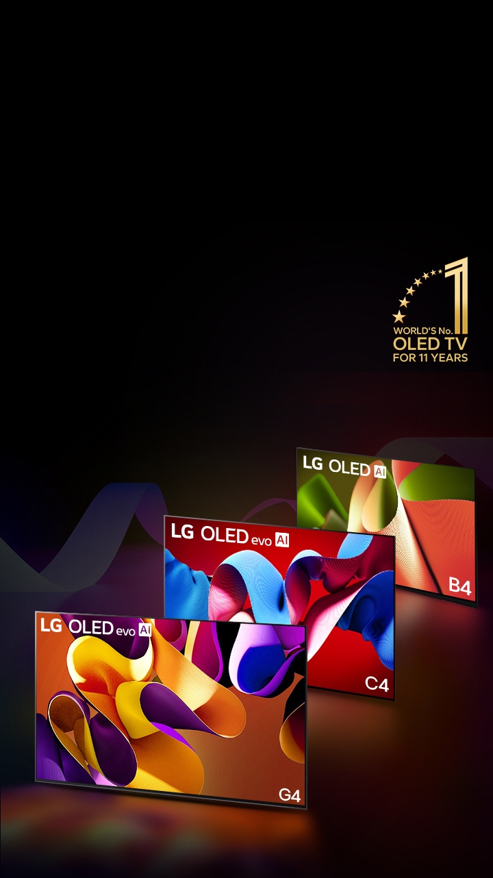 PC: LG OLED evo G4, LG OLED evo C4 y LG OLED B4 una al lado de la otra, cada una mostrando una obra de arte abstracta de diferente color en la pantalla. La luz se proyecta desde cada TV hacia el suelo. Un emblema dorado de la OLED TV número 1 del mundo durante 11 años en la esquina superior derecha. Por otro lado, las mismas imágenes de la LG OLED evo G4, la LG OLED evo C4 y la LG OLED B4 se muestran seguidas en el dispositivo móvil. 