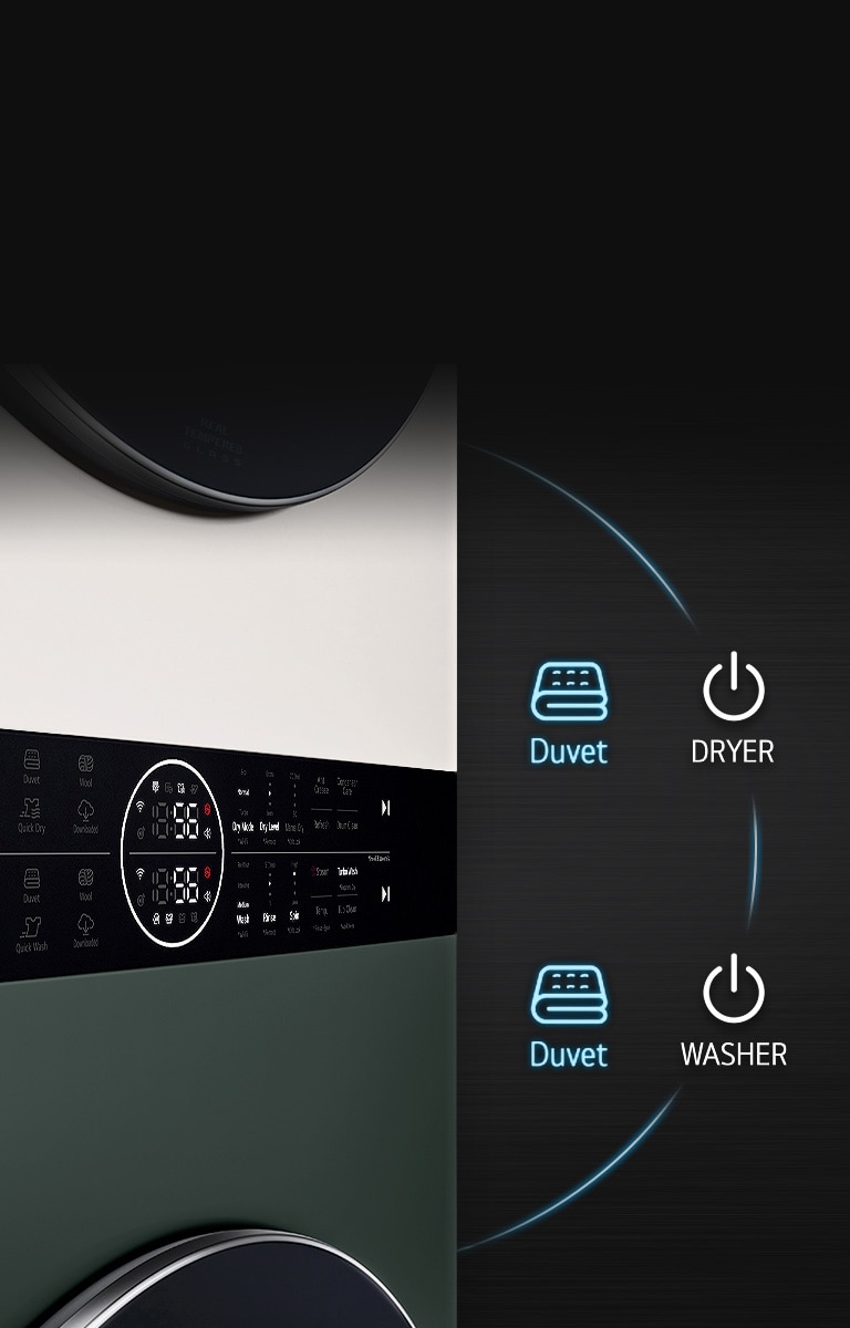 Esta es una imagen del panel del producto. El botón Duvet de la secadora y el botón Duvet de la lavadora están resaltados.