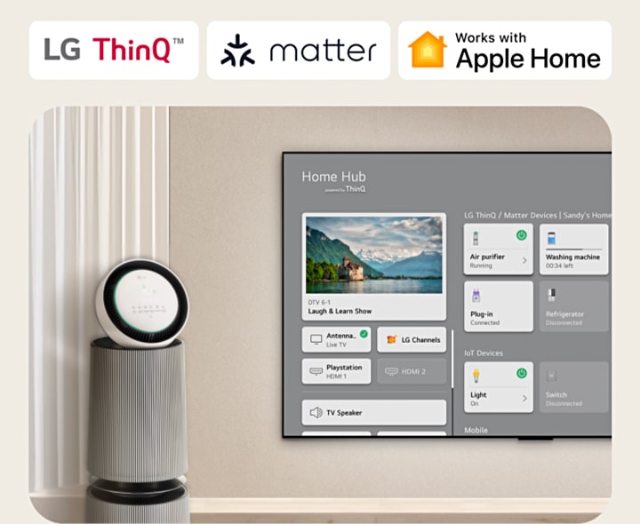 Un televisor LG montado en una pared y un LG PuriCare™ Objet Collection 360° a la izquierda. El televisor muestra Home Hub y un cursor hace clic en "Purificador de aire" y se activa el LG PuriCare™ Objet Collection 360°.