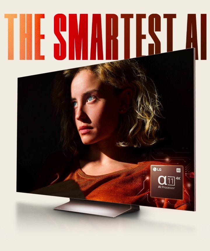 Las palabras 'THE SMARTEST AI' en un patrón degradado rojo están encima de un LG TV que muestra el rostro de una mujer. Las luces de neón rojas trazan el contorno de la mujer y pasan por la pantalla, dando como resultado una imagen más brillante. Un gráfico del Procesador LG alpha 11 AI en la parte inferior derecha.