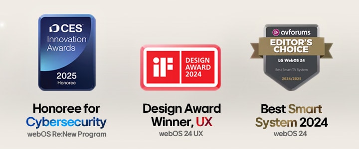 Logotipos de premios, entre los que se incluyen CES, iF Design Award y AVForums Editors' Choice