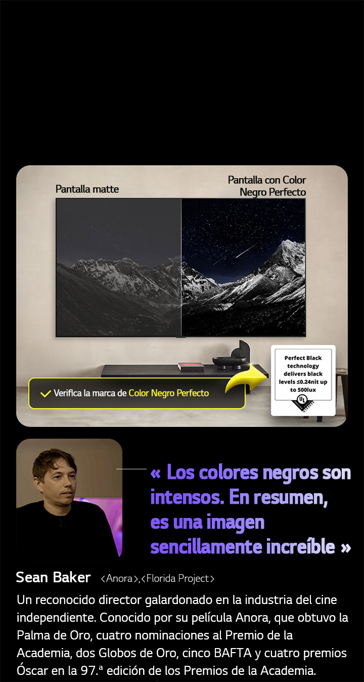 LG OLED TV Wall-mounted En la pantalla se muestra una cadena montañosa bajo un cielo nocturno lleno de estrellas. La pantalla está dividida por la mitad. En un extremo, etiquetado como “Pantalla sin Perfect Black”, los colores se ven apagados y grisáceos, y las estrellas apenas son visibles. En el otro extremo, etiquetado como “Pantalla con Perfect Black”, los negros son profundos y oscuros, las estrellas brillan con intensidad y el resultado es una imagen con alto contraste y gran impacto visual.