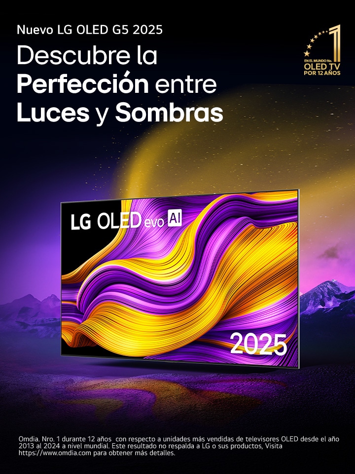 En la pantalla de una TV LG OLED evo con IA aparece una imagen abstracta con detalles, colores y un contraste impactantes. Detrás de la TV, se muestra una versión ampliada del procesador alpha 11 AI Gen2. Brilla con una luz que ilumina los circuitos de microchips a su alrededor. El título dice LG OLED evo AI. También puede verse el texto: Con la tecnología del procesador LG alpha 11 AI Gen2. En la esquina hay un logotipo dorado con estrellas que dice: OLED TV número uno del mundo durante 12 años.