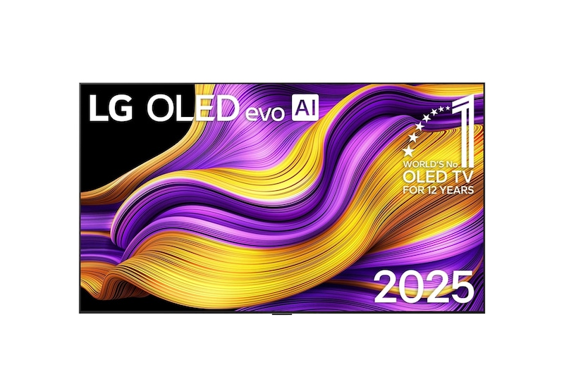 Vista de frente de la Smart TV LG OLED evo AI G5 4K. El emblema de OLED de ser el n.º 1 del mundo durante 12 años y el logotipo de LG OLED evo AI 2025 aparecen en la pantalla.