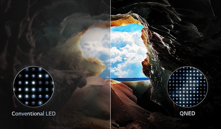 Perspectiva desde el interior de una cueva orientada hacia su entrada, en la que se ve un cielo azul y el horizonte. La escena está dividida por la mitad para mostrar la capacidad de la Atenuación local avanzada de QNED. De un lado, los colores y los detalles están atenuados y las imágenes parecen confusas. En la etiqueta dice “LED convencionales”. El otro lado tiene negros magníficos, así como mejor contraste, brillo y color. En la etiqueta dice “Atenuación local avanzada”.