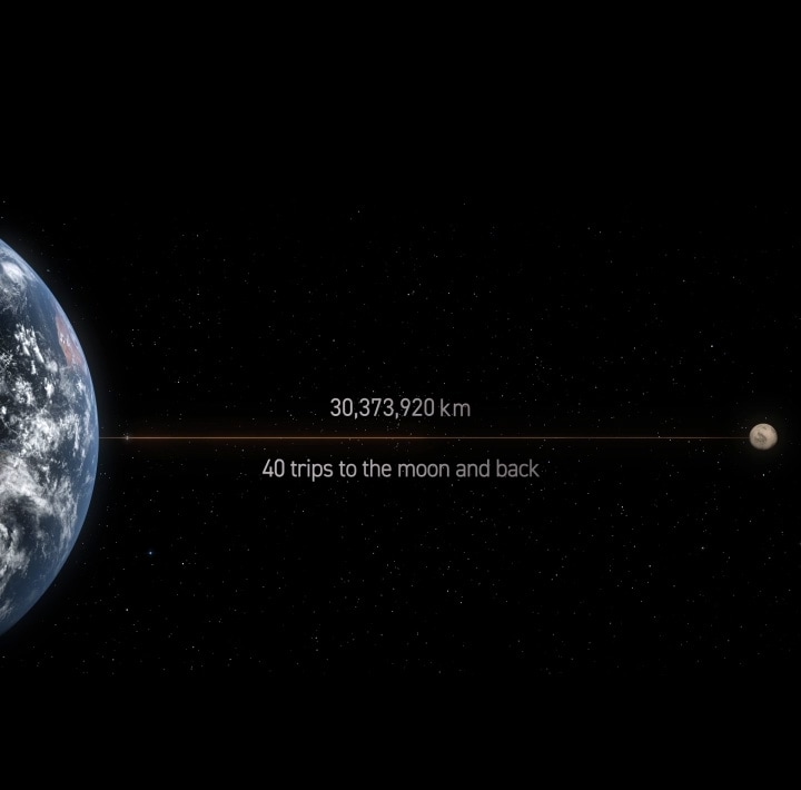 A la izquierda, la imagen muestra las bobinas del motor inverter DD conectado de la Tierra a la Luna, midiendo 30.373.920 km, suficientes para 40 viajes de ida y vuelta. En el centro, se muestran las bobinas envueltas alrededor del motor inverter DD. A la derecha, el procesador AI Core-Tech se conecta a un panel electrónico, con una luz violeta que se extiende hacia afuera.