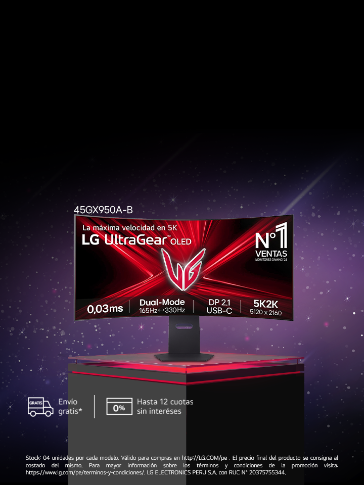 Promoción de LG UltraGear del primer monitor gaming OLED 5K2K del mundo, con 10 % de descuento del 28 de abril al 14 de mayo. Modelos mostrados: 32G810SA y el curvo 45GX950.