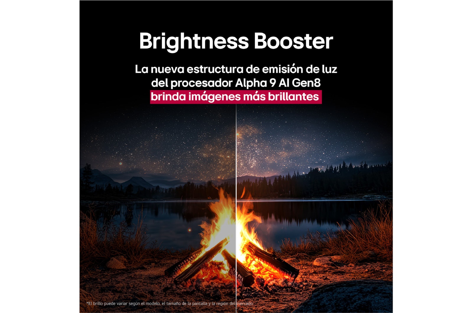 Fogata nocturna en plena naturaleza. A lo lejos se observa un bosque y un lago. El cielo nocturno está lleno de estrellas. Toda la escena está dividida por la mitad. Un lado es más oscuro y opaco. El otro lado es notablemente más brillante, mostrando el impresionante brillo de Brightness Booster.