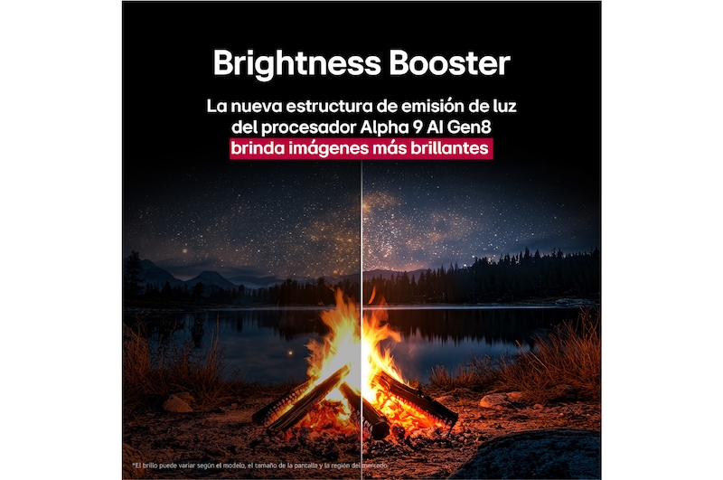 Fogata nocturna en plena naturaleza. A lo lejos se observa un bosque y un lago. El cielo nocturno está lleno de estrellas. Toda la escena está dividida por la mitad. Un lado es más oscuro y opaco. El otro lado es notablemente más brillante, mostrando el impresionante brillo de Brightness Booster.