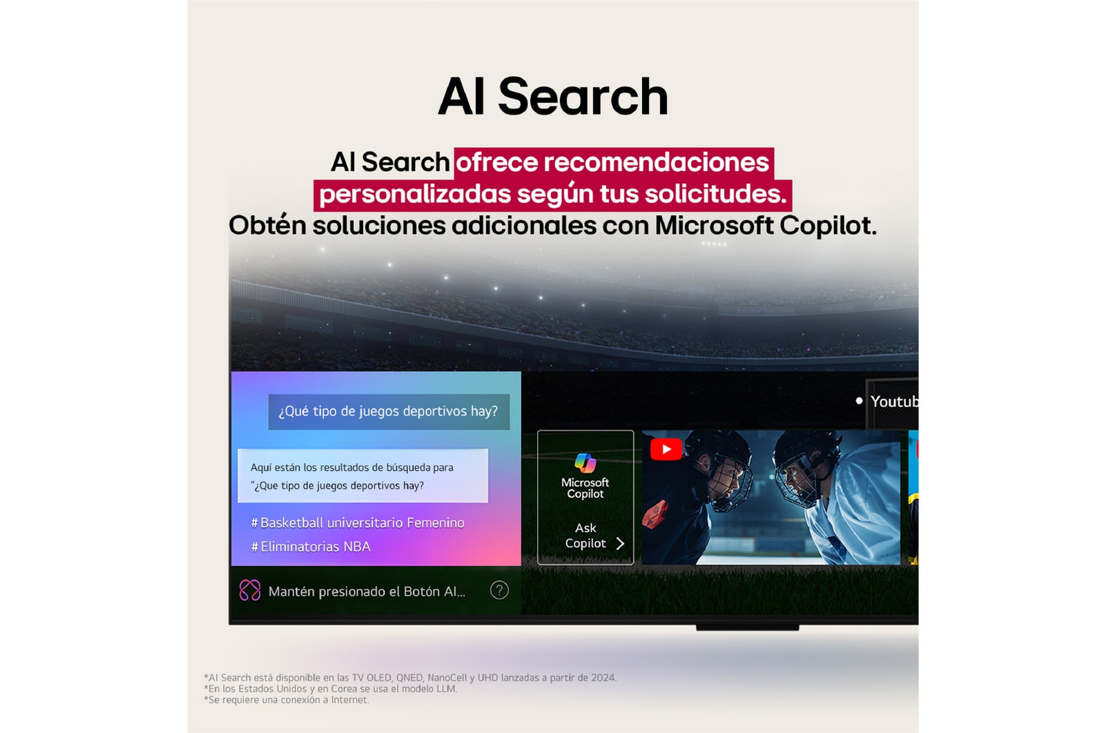 Un primer plano de la pantalla de una LG TV en la que se muestra cómo funciona AI Search. Hay una pequeña ventana de chat abierta que muestra cómo el usuario preguntó qué eventos deportivos están disponibles. AI Search respondió a través del chat y mostró imágenes en miniatura del contenido disponible. También hay un indicador para hacer preguntas a Microsoft Copilot.