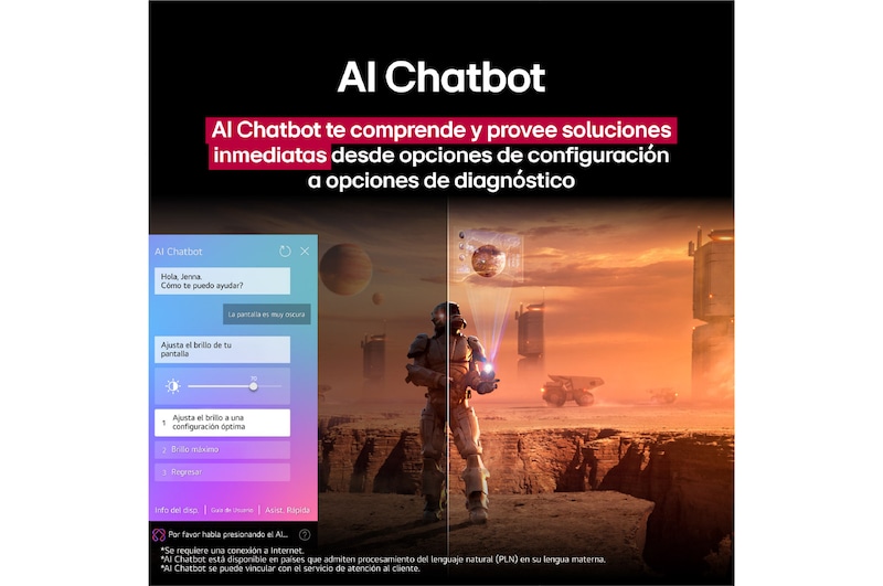 Pantalla de una LG TV que reproduce contenido de ciencia ficción. En la pantalla, se muestra la interfaz de AI Chatbot. El usuario envió un mensaje al chatbot en el que dijo que la pantalla está demasiado oscura. El chatbot ofreció soluciones a la solicitud. Esta escena también está dividida por la mitad. Un lado está más oscuro y el otro más brillante; esto muestra cómo AI Chatbot solucionó