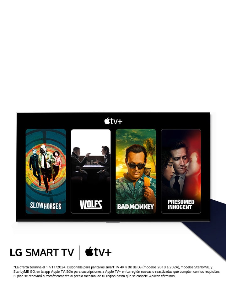 Una imagen del televisor OLED de LG. Los contenidos de Apple TV+ aparecen en pantalla y el titular es 'Consigue tres meses de Apple TV+ gratis con los Smart TV de LG'.