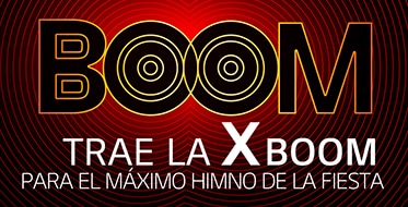 The word "BOOM" is written against the red light. The text is modified to emphasize its powerful sound. Below "BOOM," the phrase "BRING THE XBOOM FOR THE ULTIMATE PARTY ANTHEM" is shown. 