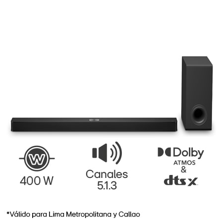 Angled view of LG Soundbar S90TY and subwoofer