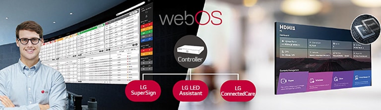"El empleado de LG está monitoreando de forma remota la serie LCCM instalada en un lugar diferente mediante el uso de una solución de monitoreo de LG basada en la nube. El controlador del sistema con webOS permite que la serie LCCM sea compatible con las soluciones de software de LG."