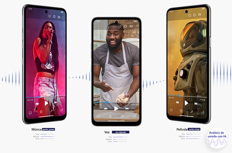 Tres smartphones reproduciendo una película, una canción y un vídeo.