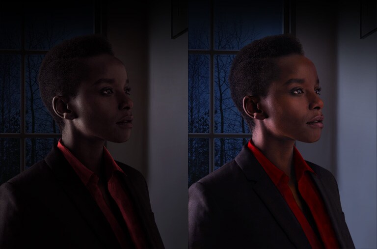 Las mismas fotos de una mujer que se ve oscura a la izquierda e iluminada a la derecha