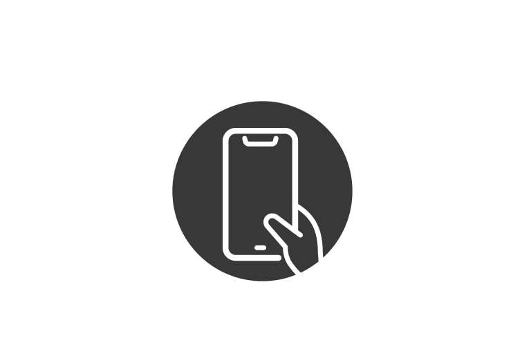 Un icono muestra un dibujo lineal de una mano sosteniendo un teléfono en un círculo gris.