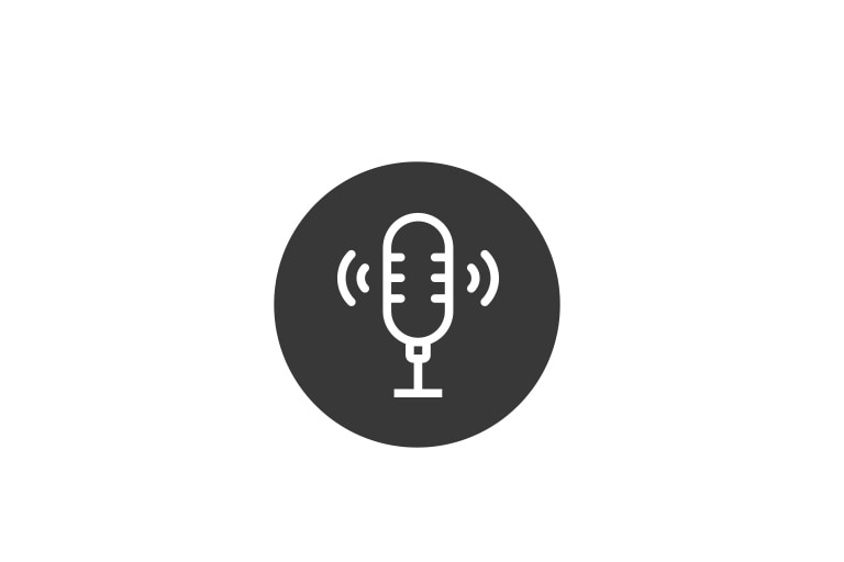 Un icono muestra el dibujo lineal de un micrófono con líneas a los lados que indican sonido en un círculo gris.