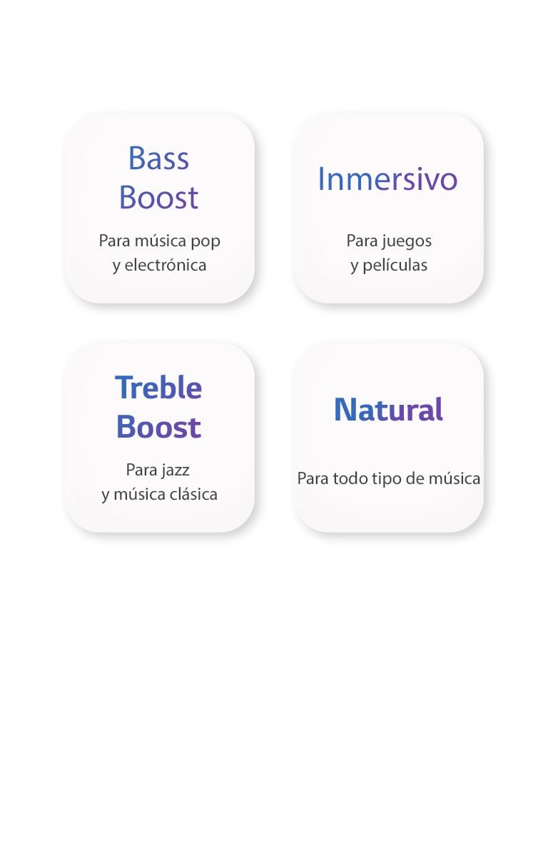 Cuatro nombres de EQ, Bath boost, Immersive, Treble boost y Natural, están marcados en un botón cuadrado blanco.