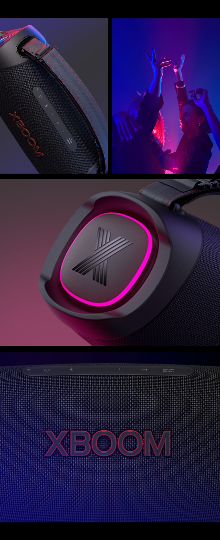 Colega. Desde la izquierda, vista de cerca del LG XBOOM Go XG8T. A continuación, una imagen de gente disfrutando de la música. A la derecha, de arriba a abajo: vista en primer plano del altavoz con iluminación rosa y el logotipo de XBOOM.