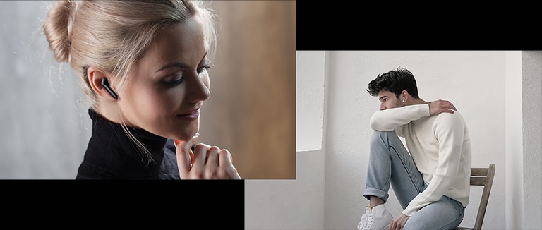 Imágenes de una mujer usando un audífono negro y un hombre usando un audífono blanco