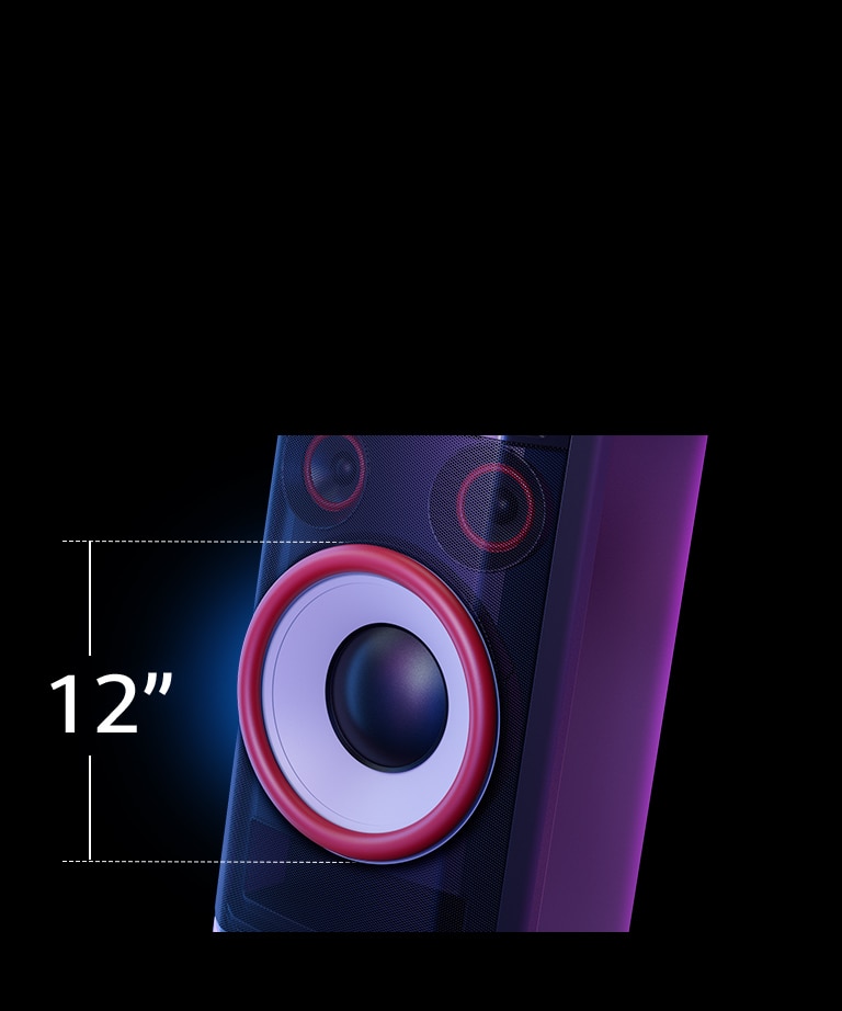 Primer plano del woofer del LG XBOOM OK99M. El woofer está exagerado con fines ilustrativos.