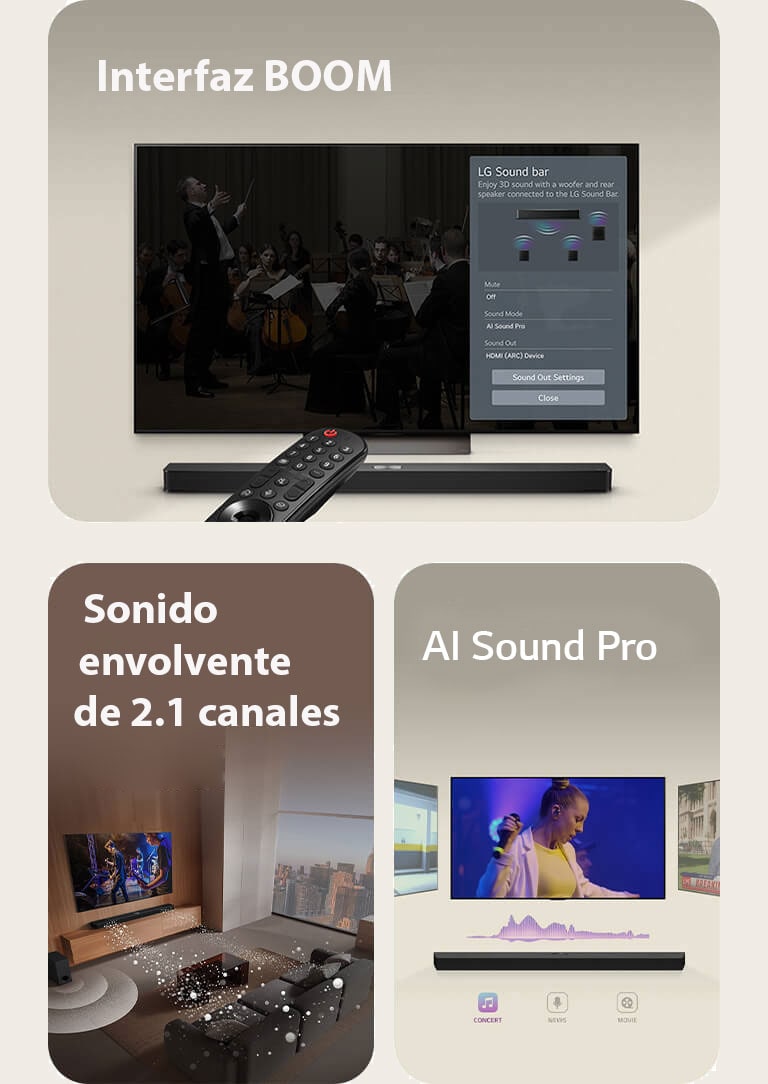 El control remoto de LG está apuntando hacia un televisor LG con la barra de sonido LG debajo. En la pantalla del televisor, se muestra el genial menú de la interfaz BOOM.<br>  En una sala de estar, se encuentran la barra de sonido LG, el televisor LG, los altavoces traseros y el subwoofer, todos mostrando una imagen en pantalla con una interpretación musical. Desde la barra de sonido, se proyectan tres ramas de ondas sonoras blancas formadas por gotas, mientras que el subwoofer crea un efecto de sonido desde abajo.<br>  Encima de la barra de sonido LG, se muestran tres pantallas de TV diferentes. Una muestra una película, otra muestra un concierto y la tercera muestra un noticiero. Debajo de la barra de sonido, hay tres íconos para mostrar cada género.